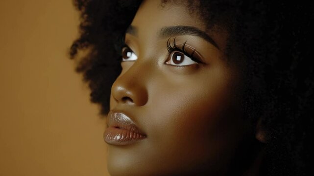 Serene woman with eyes closed, focused expression, high cheekbones and full lips.