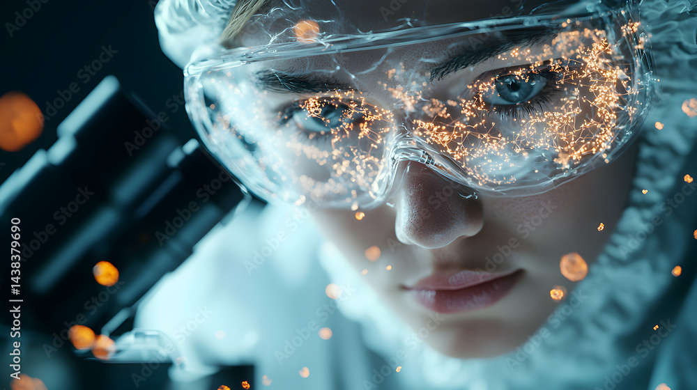 Aufkleber a scientist looks through a microscope. the goggles have data visualizations. it could be used for s