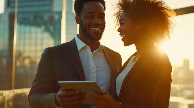 Professional couple enjoys cityscape view