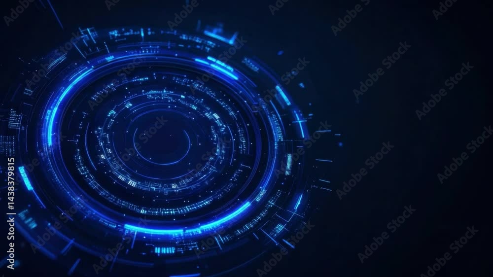 Poster abstract blue circular technology graphic design with glowing lines and digital elements on dark bac