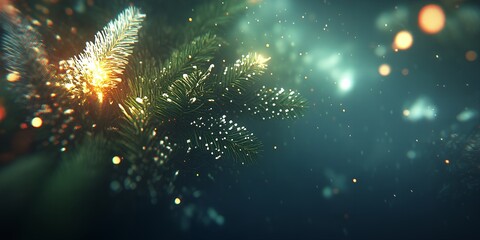 Fototapeta premium Magical Winter Scene Sparkling Snow Covered Pine Branches Glowing with Festive Lights