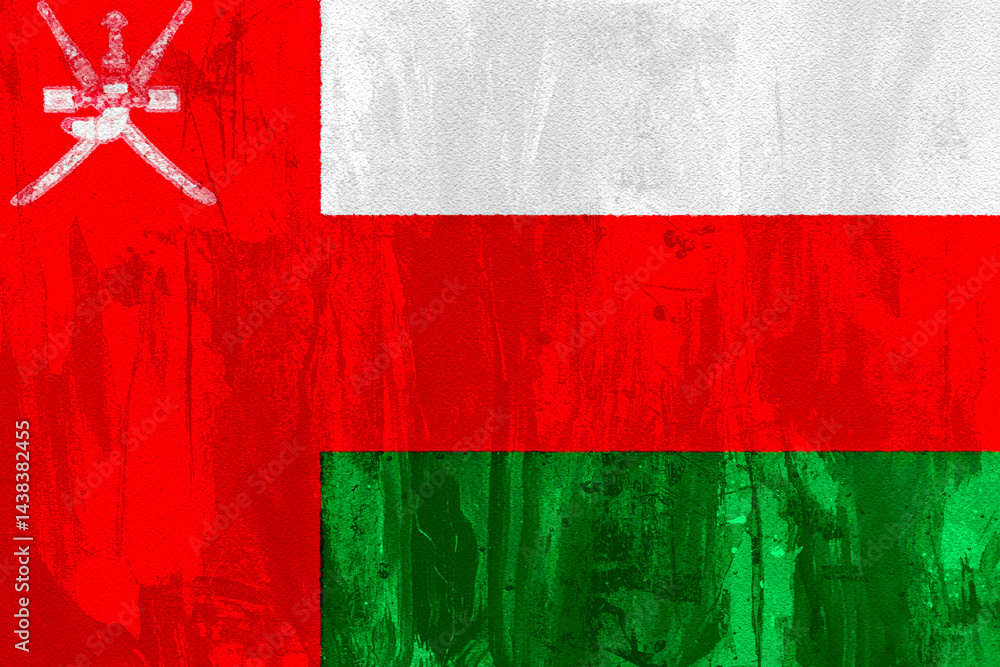 Poster oman abstract textured background with red, white and green blocks arranged as flag colors of nation