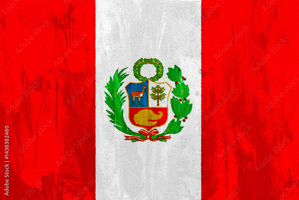 Poster peru textured rendering of a flag with vertical red and white bands and central emblem.