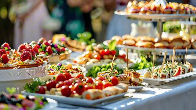 Colorful outdoor buffet with variety of gourmet finger foods, fruits and snacks on white table under daylight. Concept of festive celebration and event catering