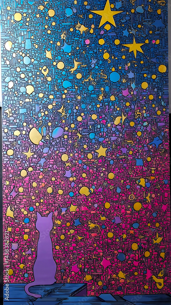 Poster a mesmerizing artwork featuring a cat silhouette against a cosmic backdrop of colorful stars and bub
