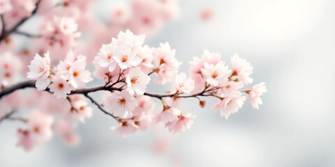 Naklejka premium Cherry Blossom Branches: Delicate pink or white blossoms on slender, dark brown branches arranged against a clean, light-colored background. 