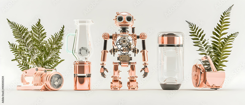 Poster steampunk-inspired still life featuring a robot and various mechanical objects. great for product co