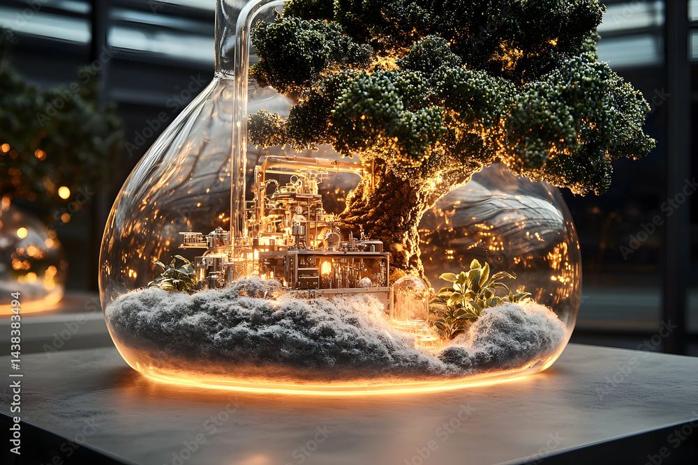 Aufkleber a fantastical world encapsulated in glass. miniature tree and structures glow creating a captivating