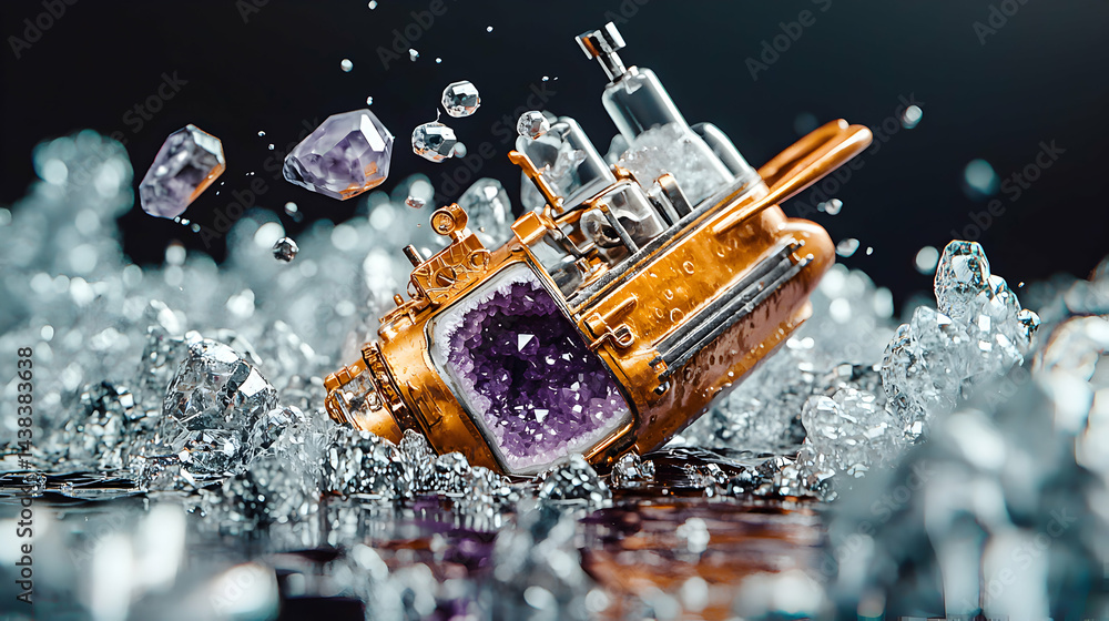 Poster a detailed image showcases a unique object filled with amethyst crystals submerged in shimmering sil