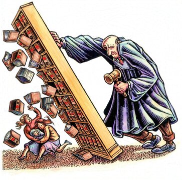 angry giant judge tips over huge bookcase of law books onto a fleeing gay lesbian couple.