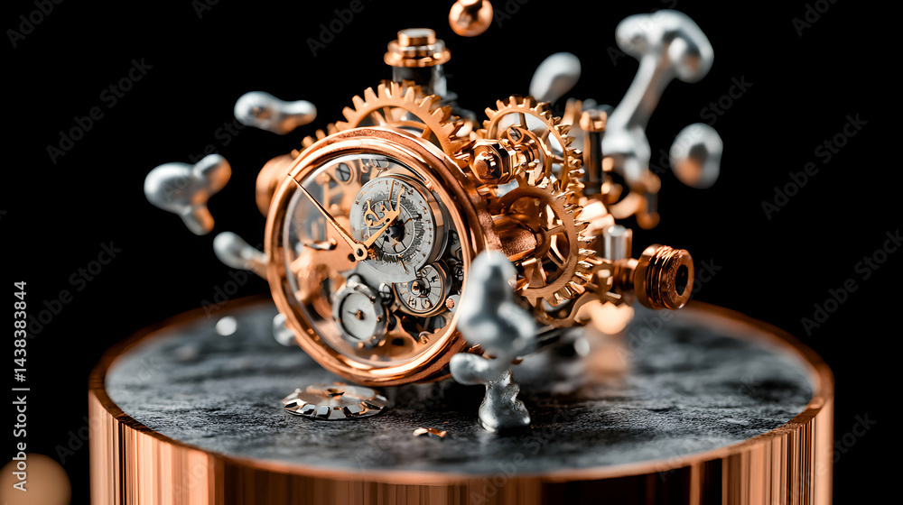 Aufkleber an intricate clockwork mechanism on a copper stand. this image could be used for a science fiction b