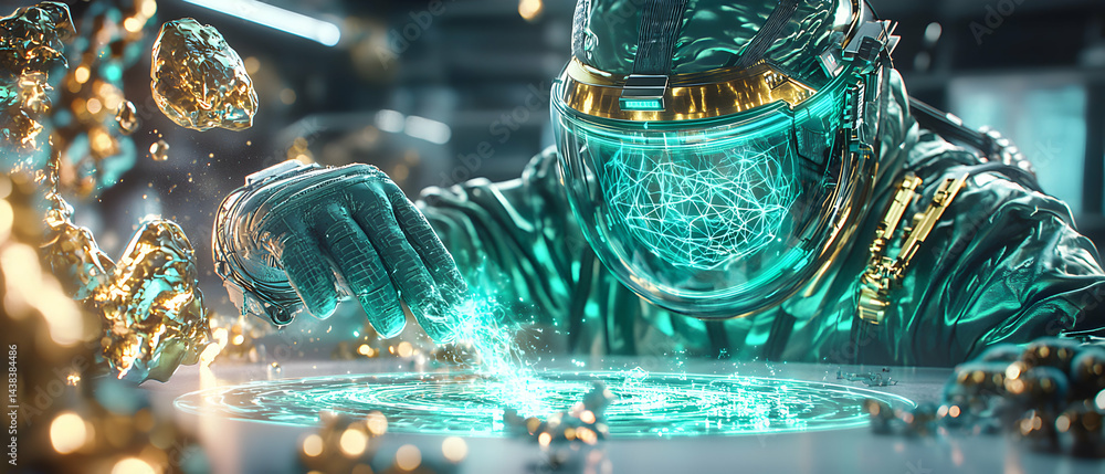 Poster a futuristic scientist in a suit interacts with glowing energy. ideal for sci-fi game art or technic