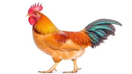 Fototapeta premium Orange rooster with bright red comb and long, blue-green tail feathers walking