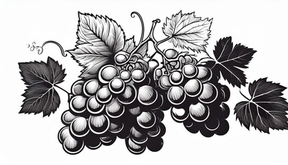 Fototapeta premium bunch of grapes with leaves and berries black contour pictograms isolated on white background vecto