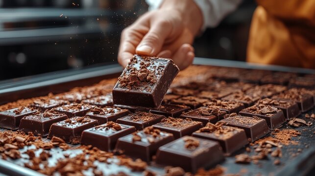 Handcrafted chocolate squares topped with rich cocoa shavings showcase the art of gourmet chocolate