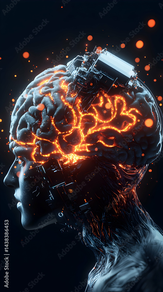 Poster a futuristic depiction of human intelligence highlighting brain and technology integration. ideal fo