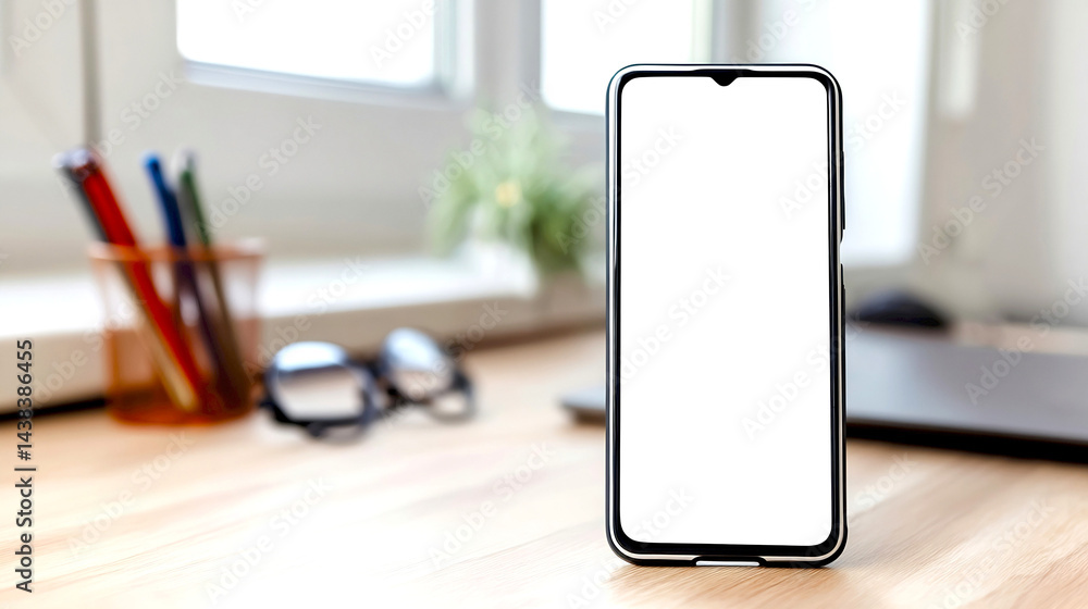 Aufkleber Modern smartphone displayed on a wooden desk with empty screen ready for personalization and creativity : Generative AI