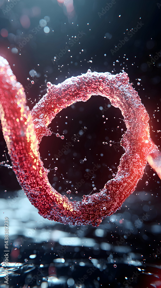 Poster a striking abstract image of a red spiraling structure possibly dna against a dark background. perfe