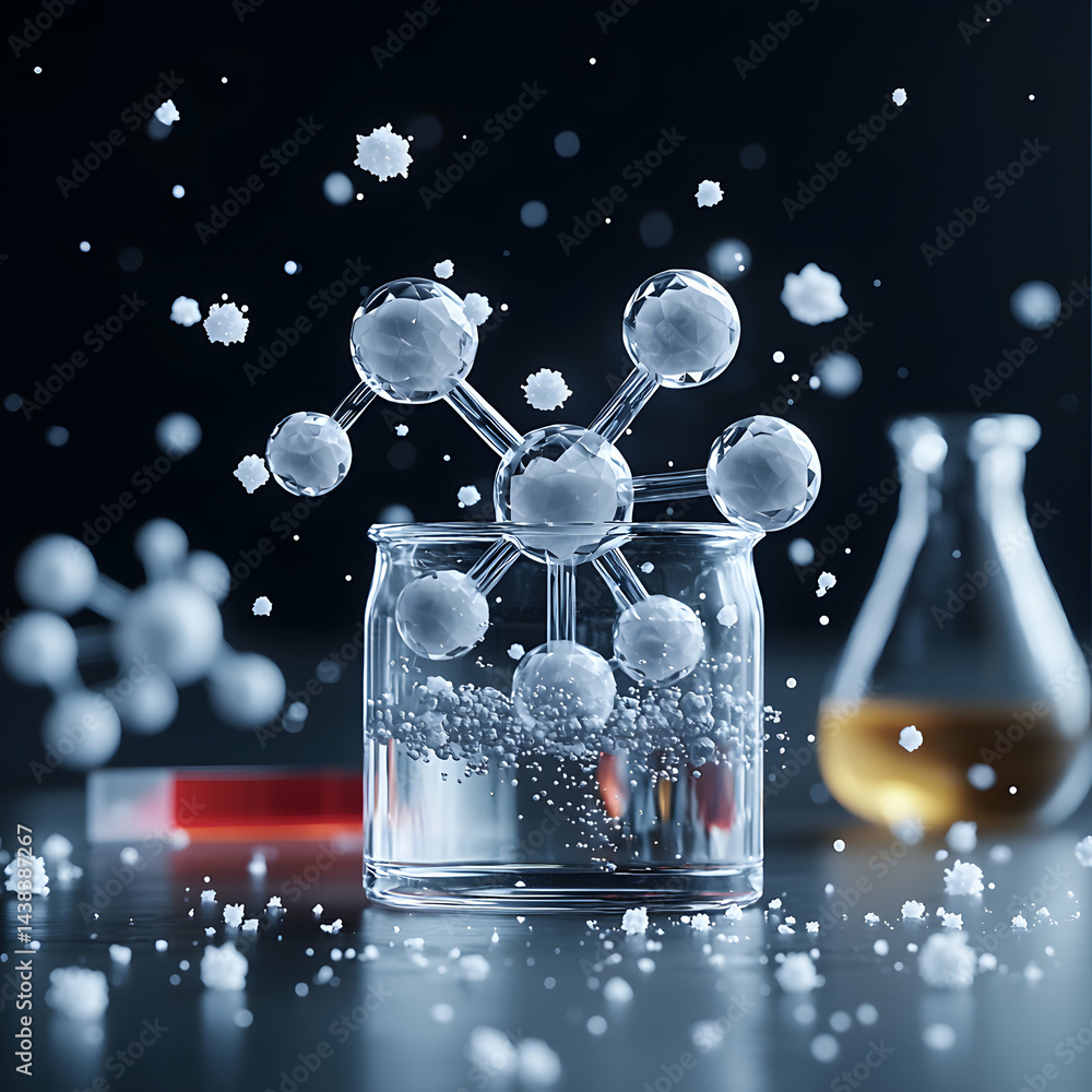 Poster a lab setup shows molecular structures in a beaker. this image could be useful for science education