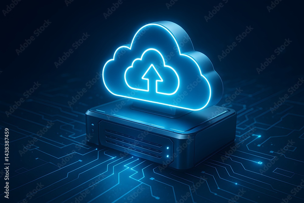 Poster a glowing neon cloud upload icon hovers above a sleek network server wrapped in deep blue circuitry.
