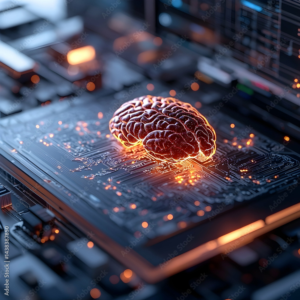 Fototapete a glowing brain on a circuit board suggests ai and technological advancement. this could illustrate 