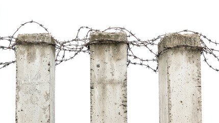 Concrete pillars with layers of barbed wire wrapped haphazardly on white background