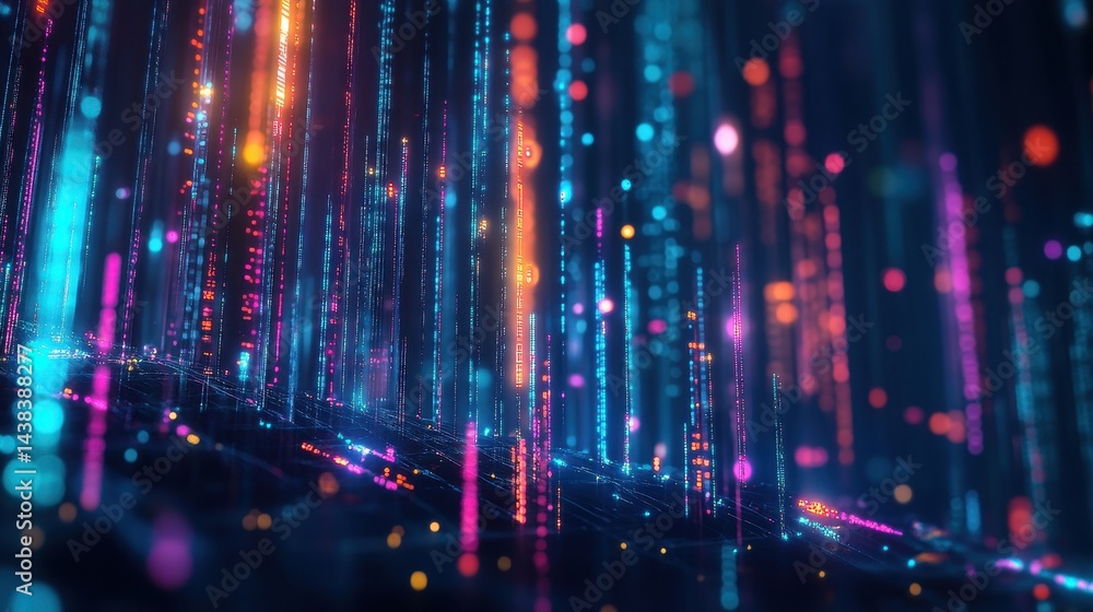 Fototapete Abstract digital landscape of glowing, vertical lines.  Colorful particles stream down creating a dynamic, futuristic scene.  Depth of field adds to the sense of movement and distance
