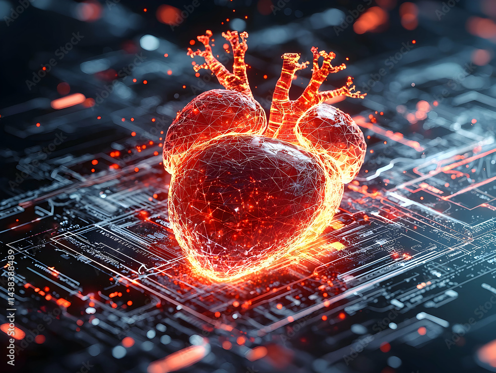 Aufkleber a glowing digital heart pulsating above a circuit board representing medical technology or artificia