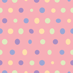 seamless colorful polka dot pattern on pink background, cute playful dots wallpaper, pastel retro style, minimalistic colorful design for textile fabric and wrapping