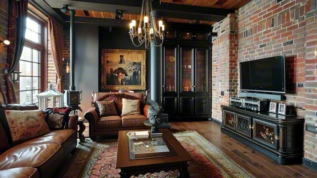 Cozy classic living room with brick walls, leather furniture, warm lighting and vintage paintings. Concept of timeless comfort, western gothic and interior charm