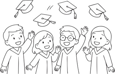 cute outlined drawing of kids celebrating graduation throwing caps in the air for school event coloring page

