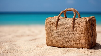 Brown woven beach bag placed on white sandy ground under sunlight with soft shadow detail in clear background representing tropical accessory minimal fashion stock image