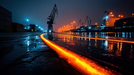 Obraz premium Vibrant lights trace rail lines along cargo pier beneath dramati