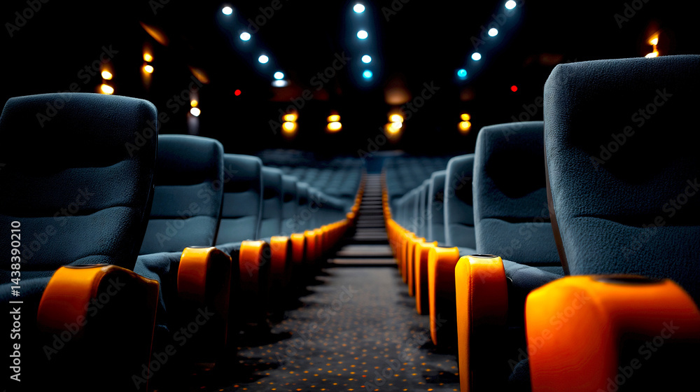 Poster cinema interior with empty rows of comfortable chairs and dim lighting creating a cozy atmosphere : 