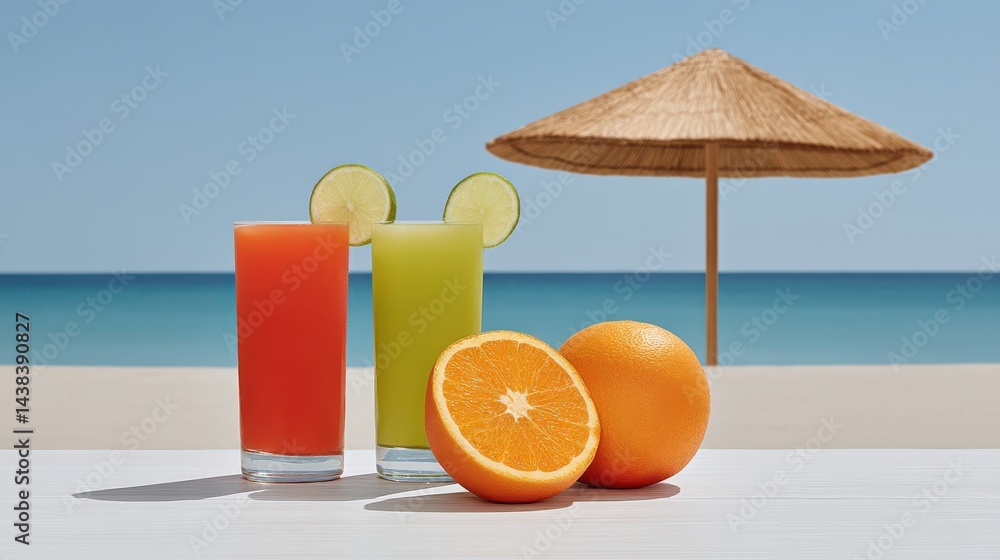 Poster refreshing citrus drinks with bright colorful garnish and exotic beach background under a sunny para