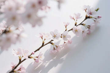 Obraz premium Cherry Blossom Branches: Delicate pink or white blossoms on slender, dark brown branches arranged against a clean, light-colored background. 