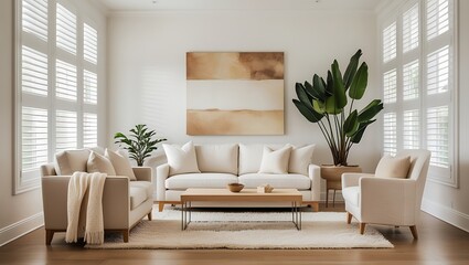 Minimalist living room with neutral tones, cozy white furniture, wooden coffee table, indoor plants, and natural light creating a serene, modern aesthetic.
