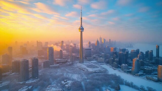 A majestic tower punctuates the skyline as an iconic landmark, flanked by a panorama of buildings and structures. The composition is a feast for the eyes.
