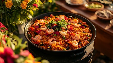 **Colorful Spanish Seafood Paella With Shrimp, Mussels, Saffron Rice, And Fresh Vegetables, Vibrant Outdoor Background For Food Festival --Ar 16:9 --S 270** - @Darya (Relaxed)