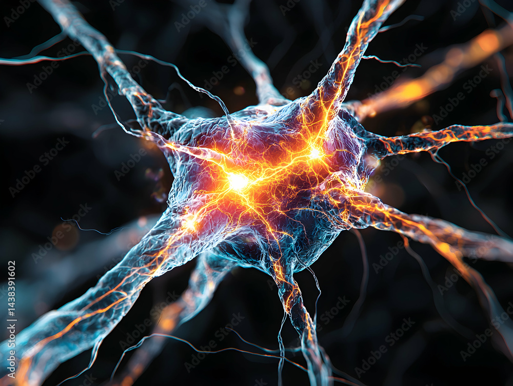 Poster a vibrant visualization of a neuron firing electrical signals through its dendrites. ideal for educa