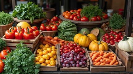 Fresh seasonal produce in baskets and crates at a market, highlighting abundance, color, and farm-to-table freshness.

