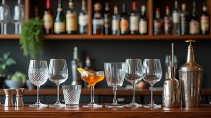 Unique wine glasses and barware arranged on a stylish bar, perfect for entertaining and elevating the home drinking experience.