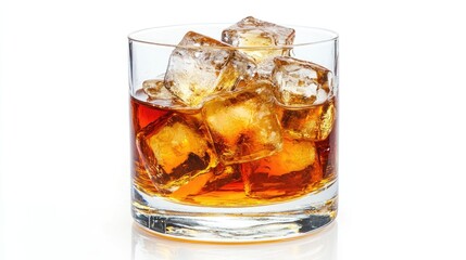 Glass of whiskey with ice cubes on a white background