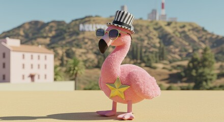 Flamingo wearing sunglasses and a hat poses confidently 