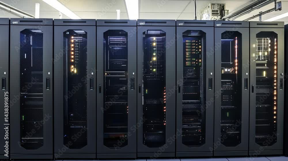 Poster modern data center servers with dynamic led activity in secure facility