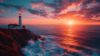 A peaceful coastal lighthouse during sunset, waves gently crashing below
