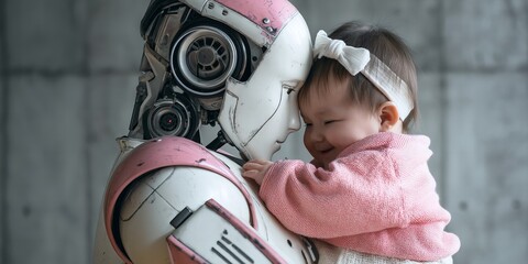 Robotic humanoid babysitter looking after a baby