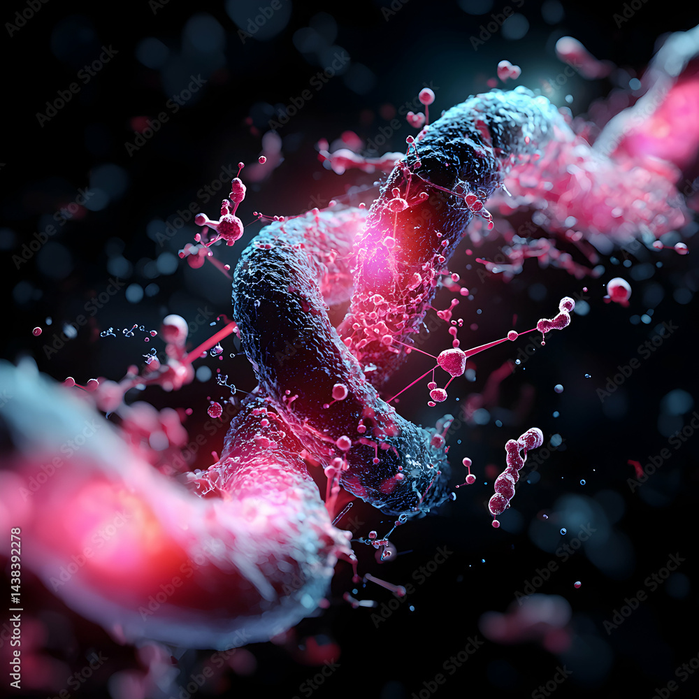 Poster this image shows a close-up of a virus or bacteria structure with bioluminescence. could be used in 