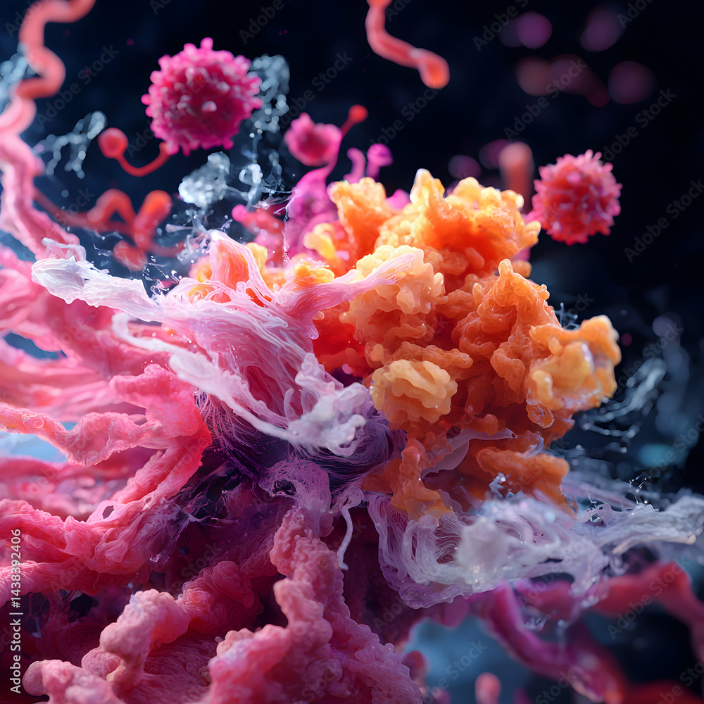 Poster abstract artwork representing cellular structures. ideal for medical education or science visualizat