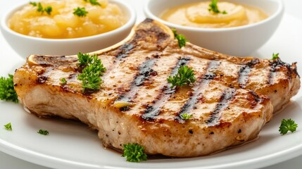 Grilled Pork Chop with Applesauce and Fresh Herbs on White Plate